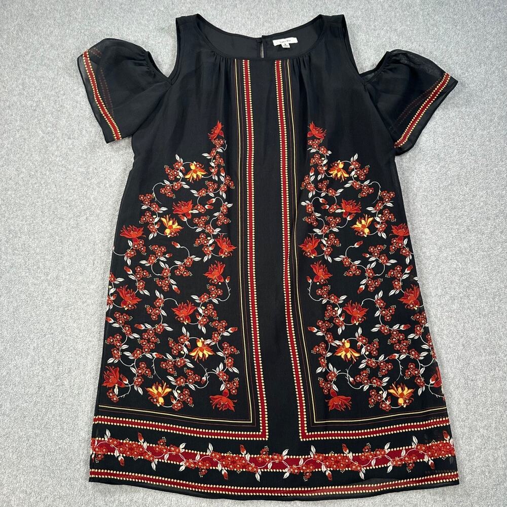 Sophie Max Cold Shoulder Dress Women's Small Black Floral Knee Length Black Red